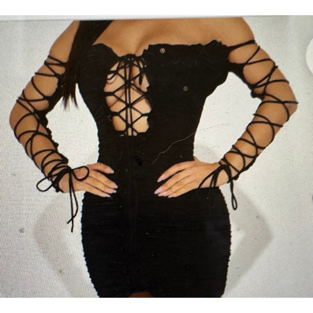 Fashion Nova Bodycon Dress Womens Large Black Ruched Lace Up Strappy Stretch